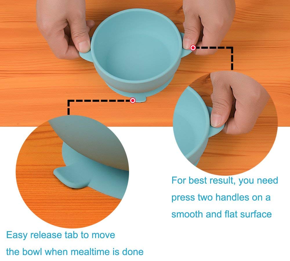 KingKam 2 Pack Baby Bowls with Suction, Silicone Stay up Baby Bowl for Kids and Toddlers, Silicone Bowls and Spoons for Baby Toddler Bowls, Baby Feeding Bowls Set - Blue/Green