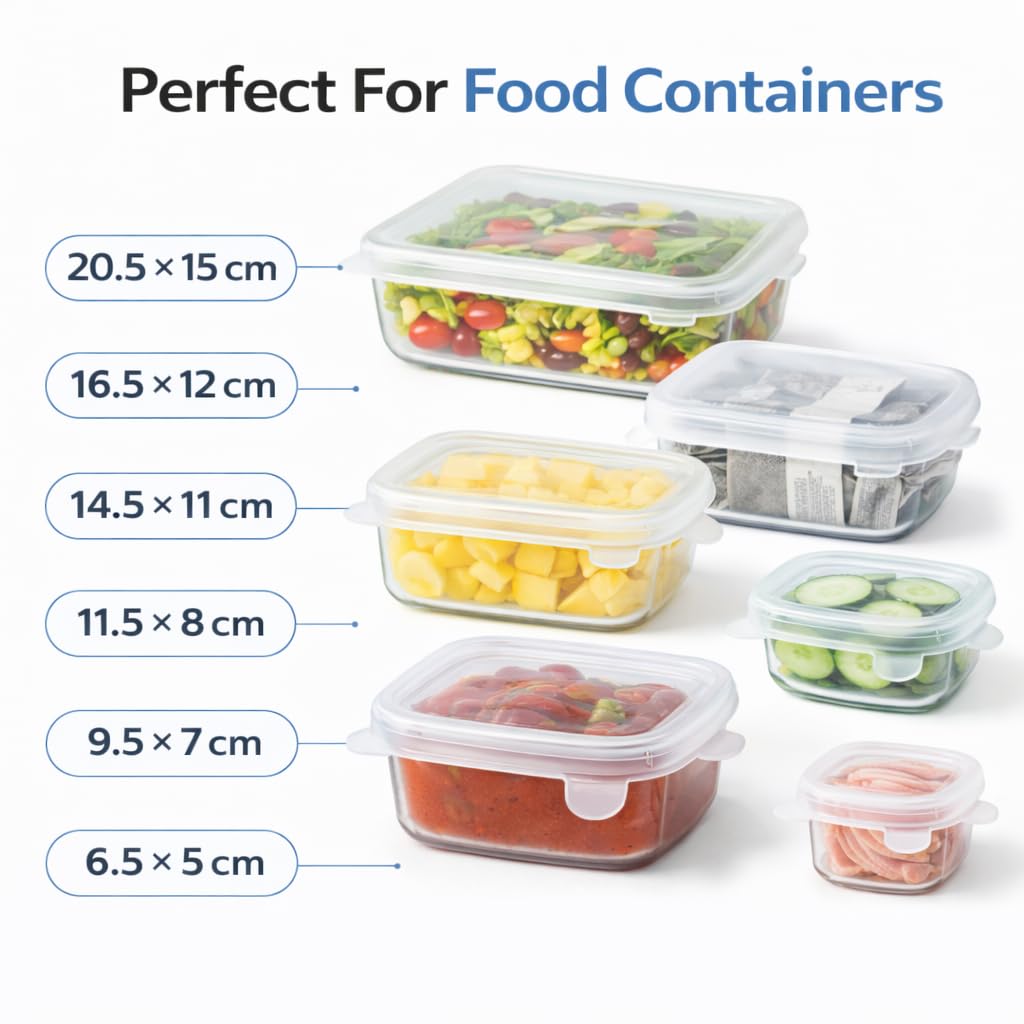 IZEM Premium Reusable Silicone Stretch Lids Set – 12 Pack (6 Round Blue + 6 Rectangle White) BPA-Free, Airtight & Leakproof Bowl Covers + 500ml Silicone Bag, Funnel & Brush