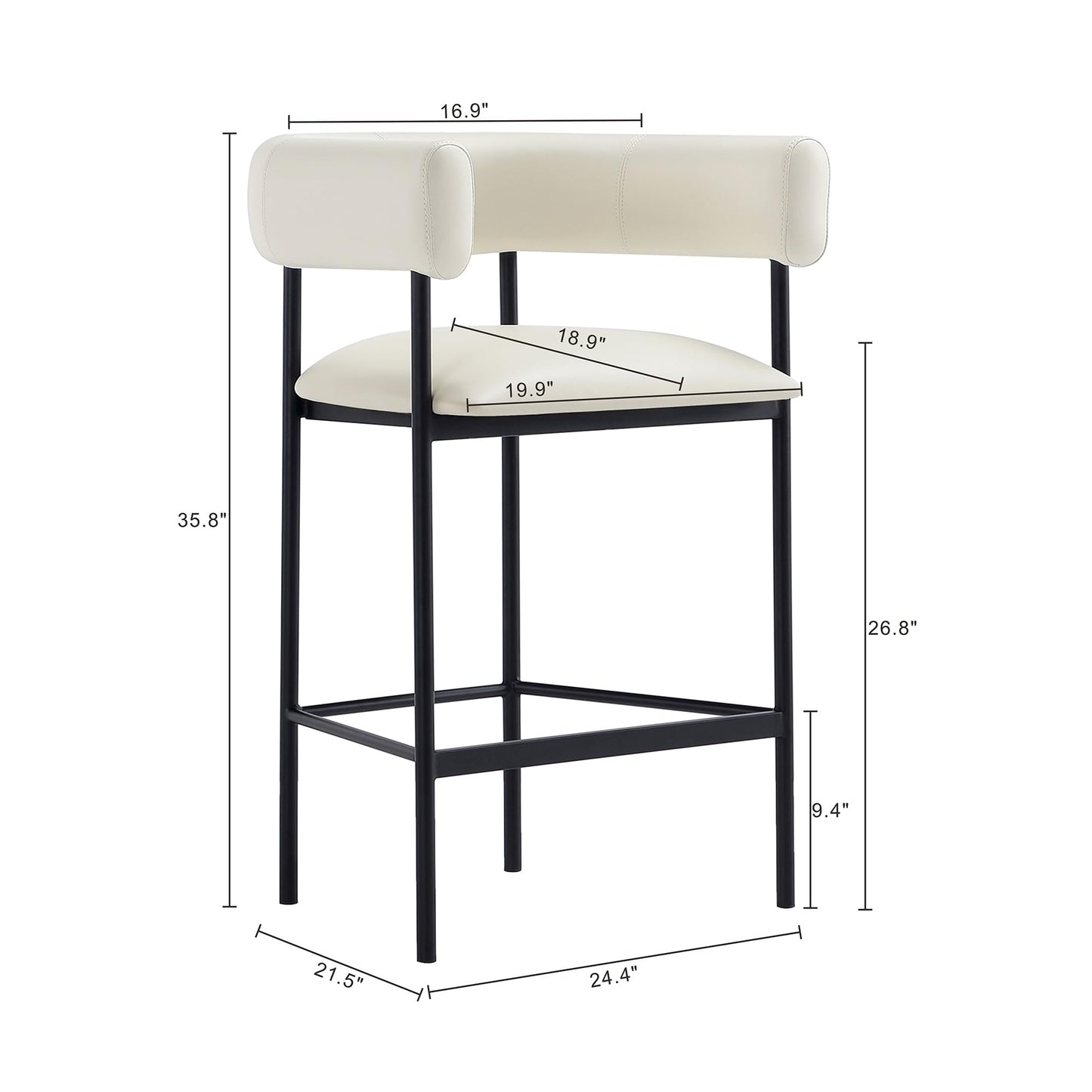 Manhattan Comfort Onda Counter Height Stools for Kitchen and Dining Room, Upholstered in Vegan Leather, Island Chairs with Metal Frame, Wraparound Design, Fully Assembled Furniture, Ivory