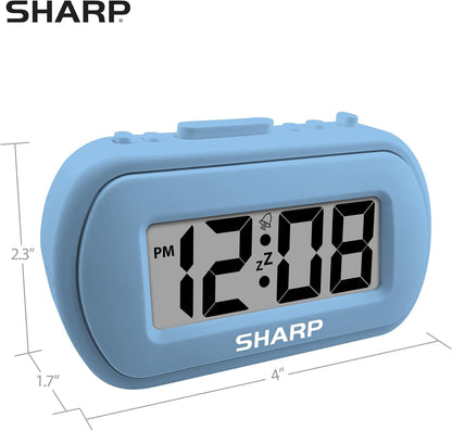 Sharp Digital Alarm Clock, Tactile Case with Soft Rubberized Finish, Battery Operated, Blue Backlight on Demand,