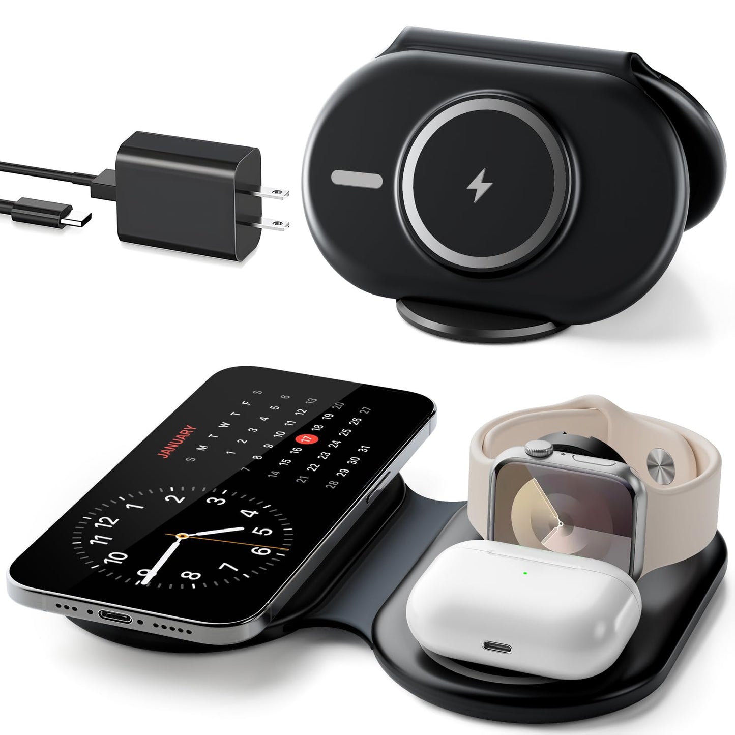 2025 Traveling Portable Wireless Mag-Safe Fast Charging Station,Magnetic 3 in 1 Charger for iPhone 17 16 15 14 13 12 Pro Max Plus,Apple Watch Series & Air pods 4 3 2 Pro-Gifts for Family