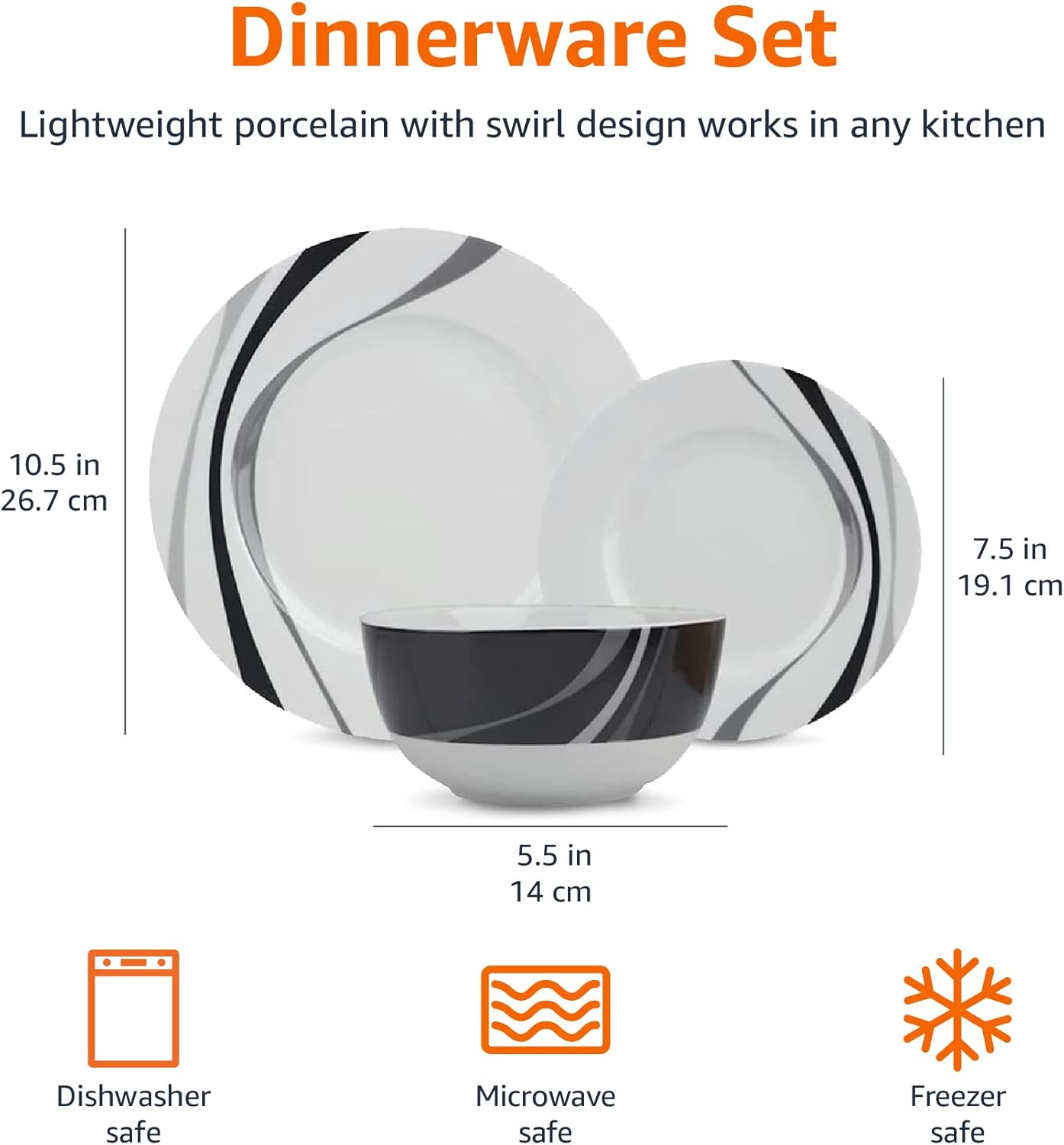 18-Piece Set, 6, Amazon Basics Complete Kitchen Dinnerware Microwave and Dishwasher Safe, Plates, Dishes, Bowls, Swirl
