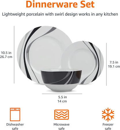 18-Piece Set, 6, Amazon Basics Complete Kitchen Dinnerware Microwave and Dishwasher Safe, Plates, Dishes, Bowls, Swirl