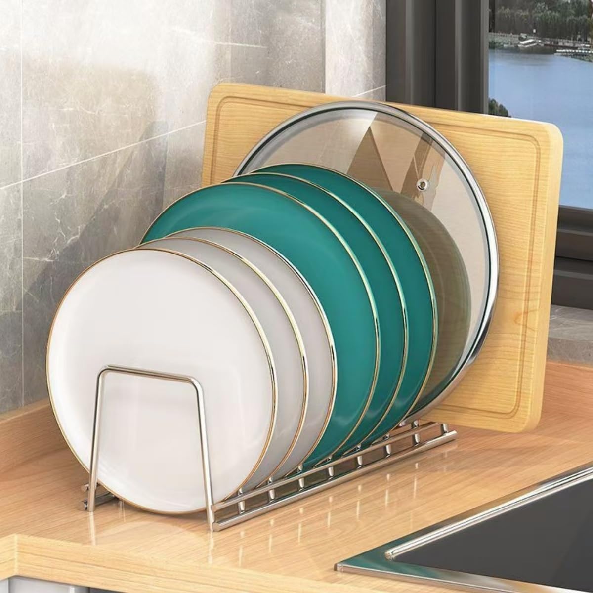 SHUTKMVCW Dish Rack Plates Holder 2 Pack set, Plate organizer for cabinet space saver, Pan lid organizer, Kitchen Storage Cabinet Organizer for Plates/bowls/cups/lids/cutting boards/spatulas