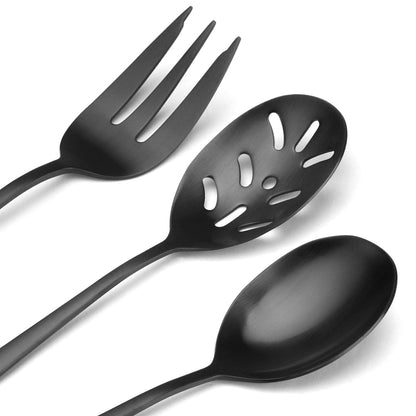 Matte Black Serving Set，SHARECOOK 5-Piece 18/0 Stainless Steel Large Hostess Set with Round Edge, Satin Finished, Dishwasher Safe -Spoons, Forks,Butter Knife& Slotted Spoon