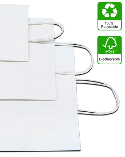 BAG BOX 100 Pack 8.25x4.3x10.6 Inch White Gift Bags with Handles,Bulk Kraft Paper Bags for Shopping, Retail, Merchandise, Wedding, Party Favors, Paper Grocery Sacks