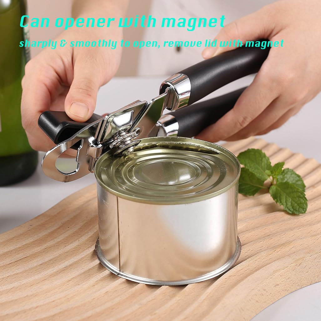 Manual Can Opener, Effortless Operation, Remove Lid with Magnet, 3 in 1 Bottle Opener & Milk Powder Opener, Soft Grip Handles, Easy to Turn, Heavy Duty Can Openers for Seniors - Black