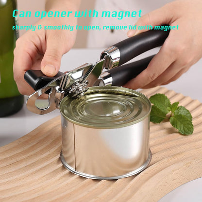 Manual Can Opener, Effortless Operation, Remove Lid with Magnet, 3 in 1 Bottle Opener & Milk Powder Opener, Soft Grip Handles, Easy to Turn, Heavy Duty Can Openers for Seniors - Black