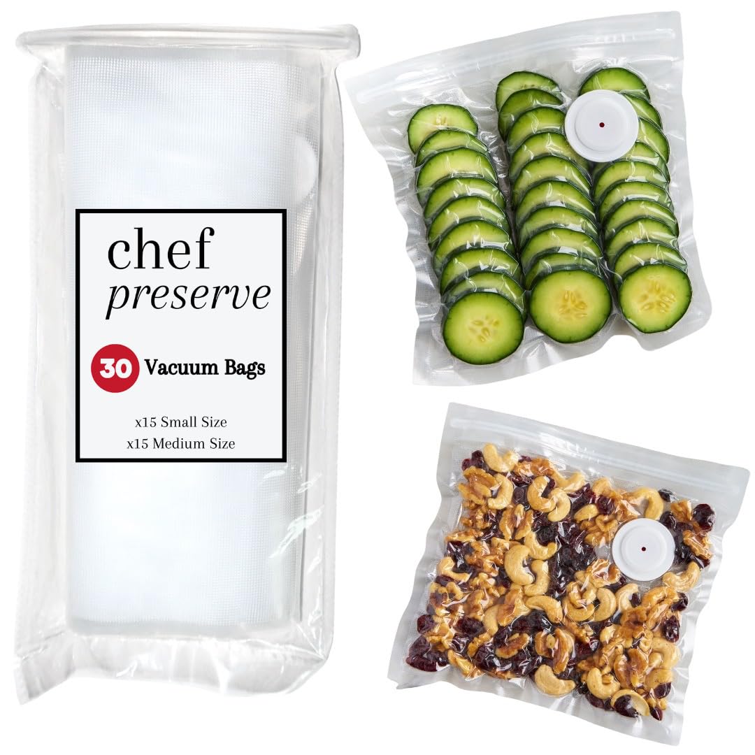 Chef Preserve Reusable Vacuum Sealer Bags for Food – 30 BPA-Free Food Storage Bags, Freezer, Microwave – Odor-Resistant, Leak-Proof – Compatible with Chef Preserve Vacuum Sealers