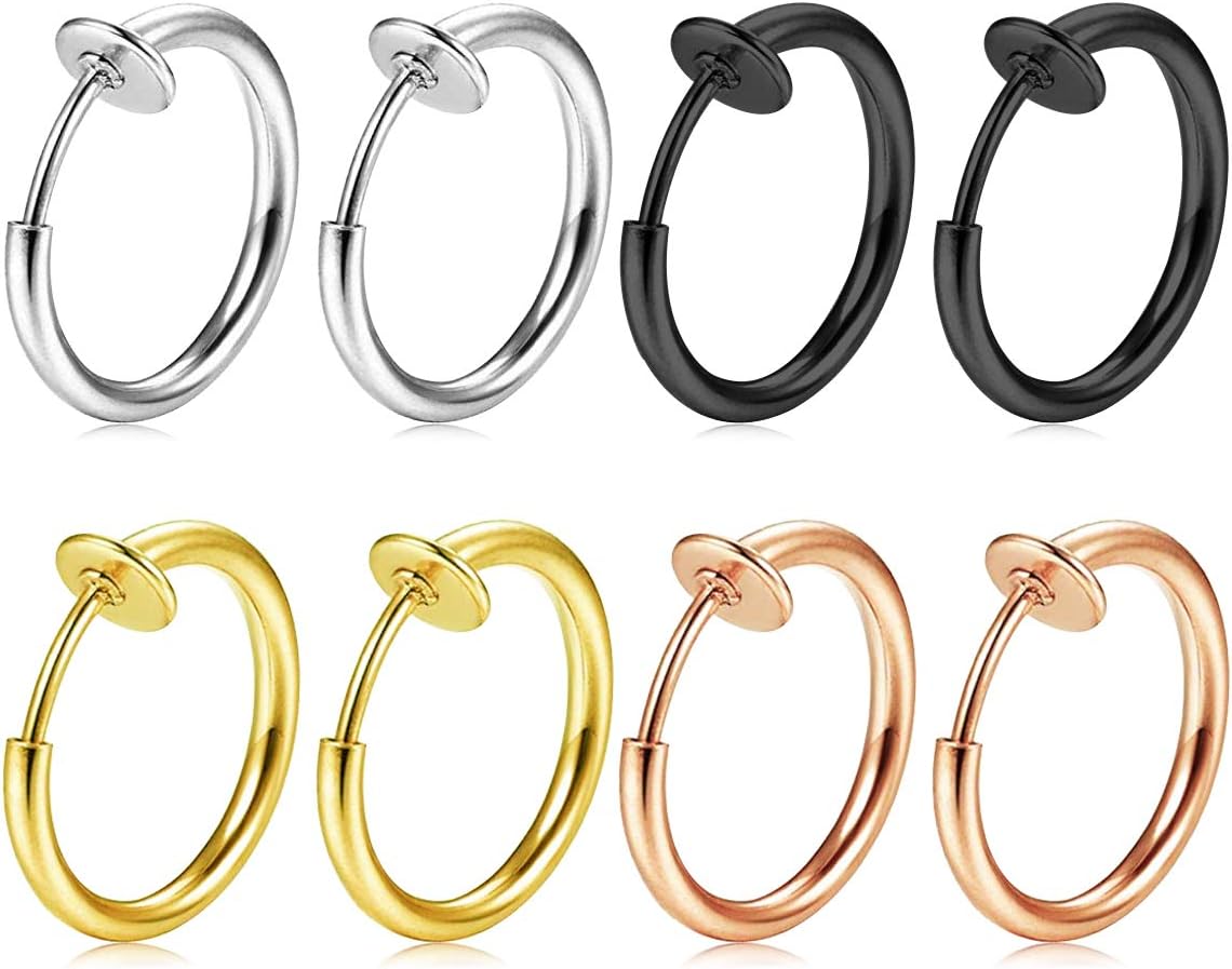 FECTAS 8pcs Fake Nose Lip Earring Ring Hoop Stainless Steel Non Pierced Clip On Piercing Body Jewellery