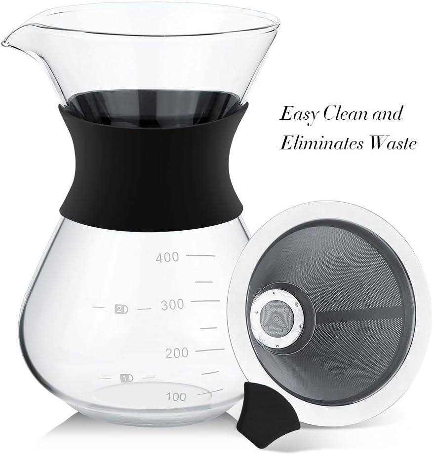 Zopsc 400ml Manual Hand Drip Glass Coffee Maker Pot with Stainless Steel Filter, Tick Marks, Fine Mesh, Suitable for