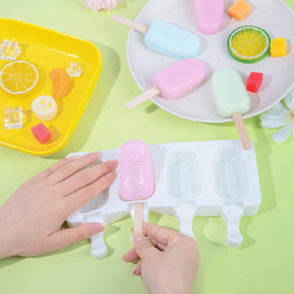 Ouddy Life Popsicle Molds Set of 2, Ice Pop Molds Silicone 4 Cavities Ice Cream Oval Cake Pop Mold with 50 Wooden Sticks for DIY Popsicle, Clear