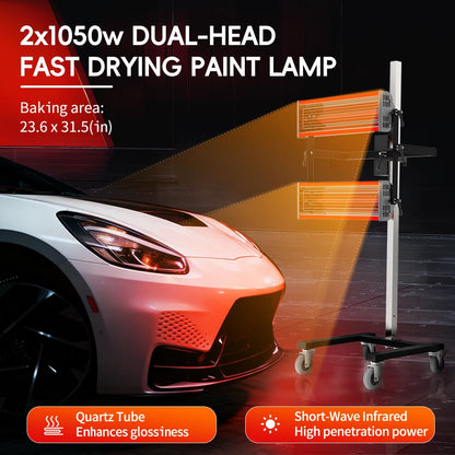 pakowin Infrared Paint Curing Lamp - 2100W 110V Short Wave Infrared Heating Light Equipped with Four Caster Wheels - with Timer and Height Adjustable - for Car Paint Booth