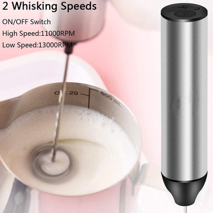 Powerful Handheld Milk Frother - Lightweight Electric Whisk with 2 Mixing Heads, Battery Operated Stainless Steel Mixer