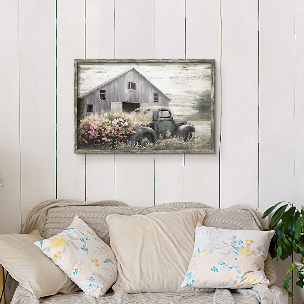 Rustic Framed Farmhouse Wall Art: Wooden Flower Truck Painting Country Barn Prints for Bedroom