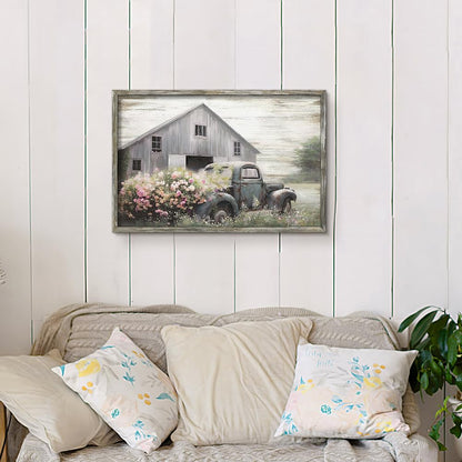 Rustic Framed Farmhouse Wall Art: Wooden Flower Truck Painting Country Barn Prints for Bedroom