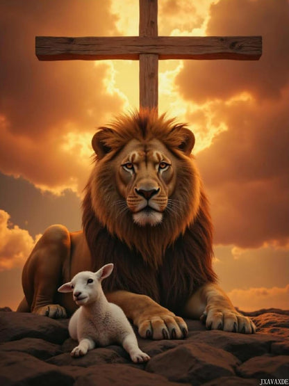 JXAVAXDE Diamond Painting (Frameless) Lion Lamb Sunset Clouds Cross Full Drill Diamond Art Kits Corlorful Diamond Painting Kits for Adults for Home Wall Decor 12x16in