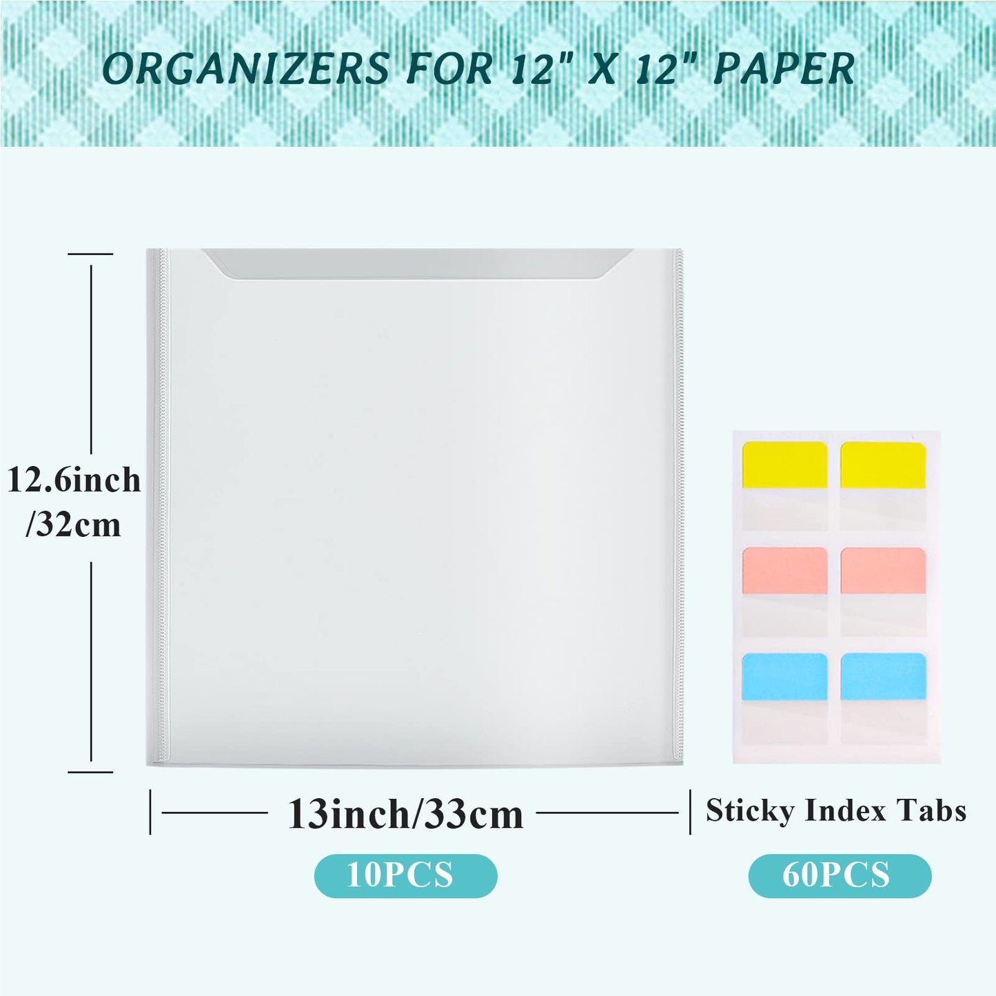 Caydo Scrapbook Paper Storage Organizer with 60 Sticky Index Tabs, 10 Pack Plastic Paper Storage Bag for Holding 12 x 12 Inch Scrapbooking Cardstock Vinyl File