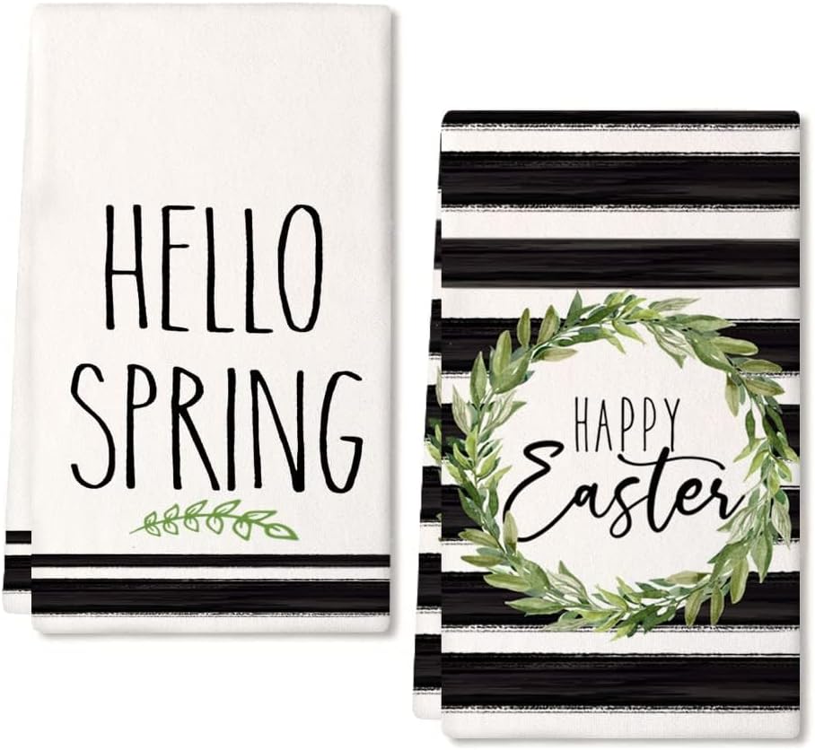 18x26 Inch, Set 2 ARKENY Easter Kitchen Towels - Green Wreath Dish Towels, Ultra Absorbent, Bar Drying Cloth, Happy