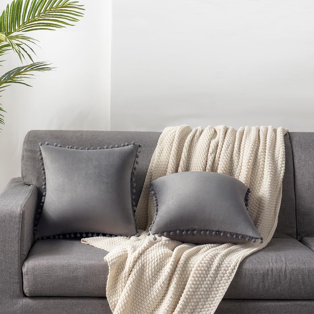 DEZENE Decorative Pillow Cases, 24x24 Light-Grey, 2 Pack Cozy Soft Pom-poms Velvet Square Throw Pillow Covers
