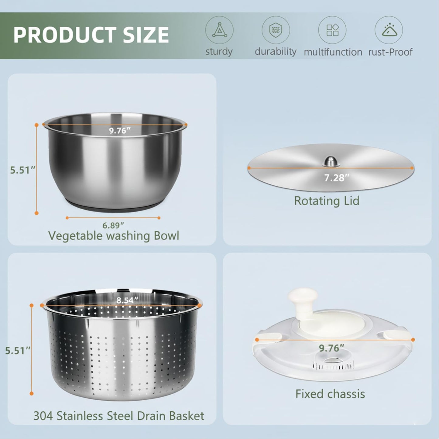 DuZhiLixon 6L-Stainless Steel Salad Rotator, Non-Slip Base, Vegetable Dishwasher, Multi-Use Lettuce Spinner, Kitchen Strainers.