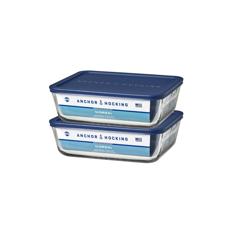 Anchor Hocking 11-Cup Glass Storage Containers with Lids, Set of 2 Glass Food Storage Containers with Navy SnugFit Lids