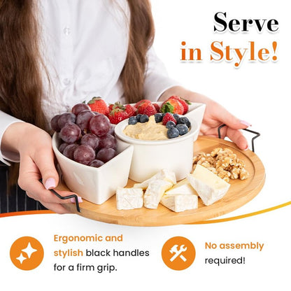 DEVA Home Design Chip and Dip Serving Set | Rotating Bamboo Lazy Susan Appetizer Tray with Black Handles | White Ceramic Bowls with Bamboo Lids | Divided Round Party Platter | Giftable