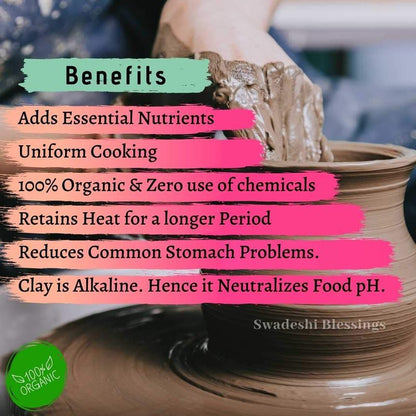 Swadeshi Blessings Exclusive Range Unglazed Clay Pot For Cooking & Serving with Lid/Earthen Kadai/Mud Handi/Mitti Ke Bartan (With Mirror Shine) + ASH For Cleaning (3 Liters)