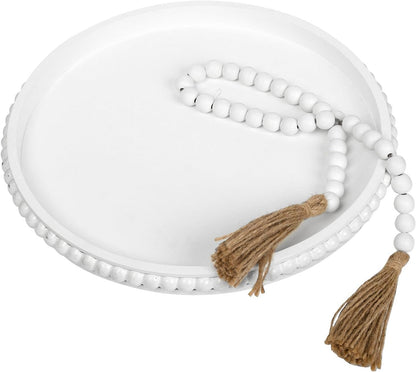 12in White Round Wooden Tray with Wood Beaded Garland for Home Decor- Decorative Tray for Living Room Decor, Coffee