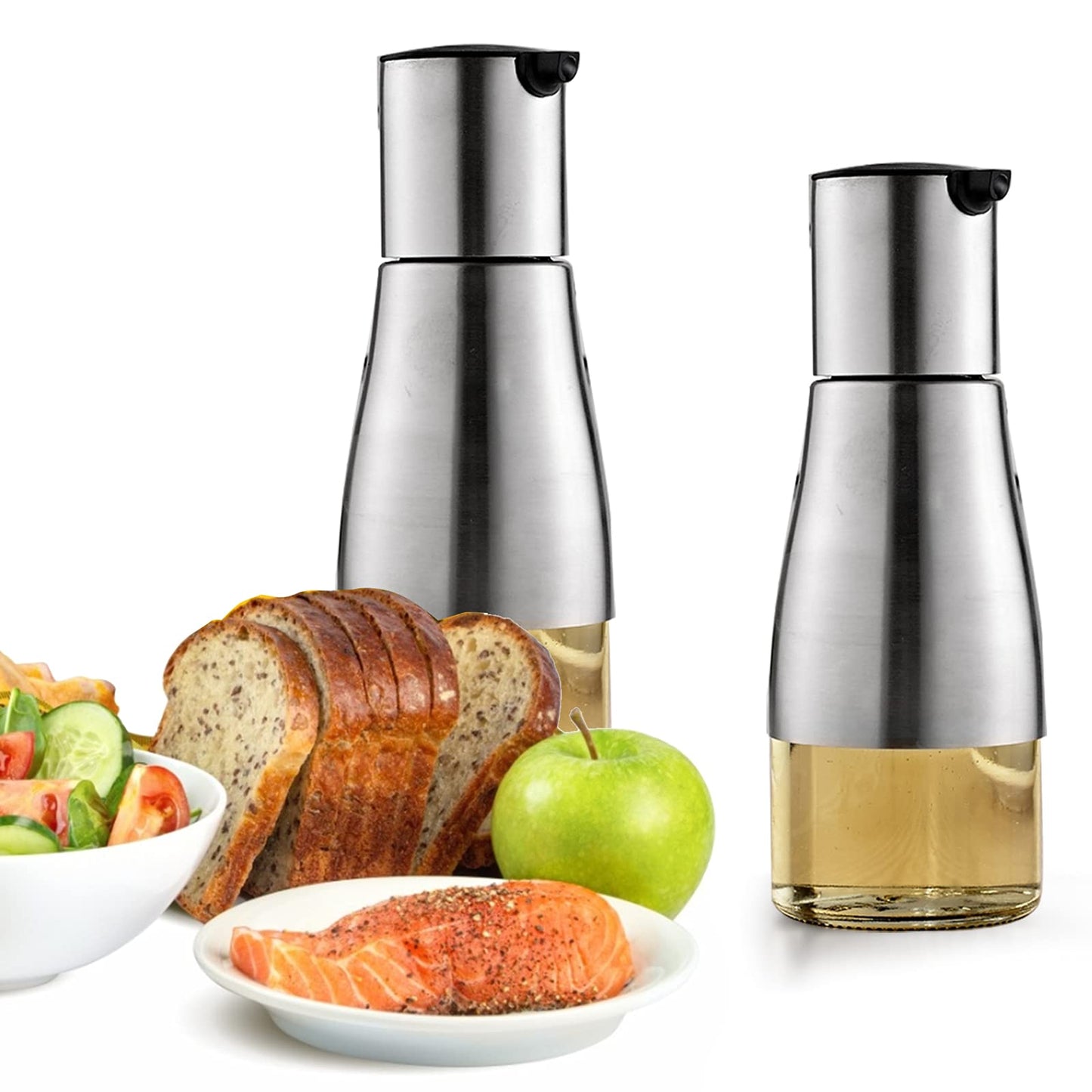 Tebery 2 Pack Silver Olive Oil and Vinegar Dispenser Set, 10OZ Oil Dispenser Cruet with Easy & Drip Free Pouring, Elegant Stainless Steel with Glass Bottom