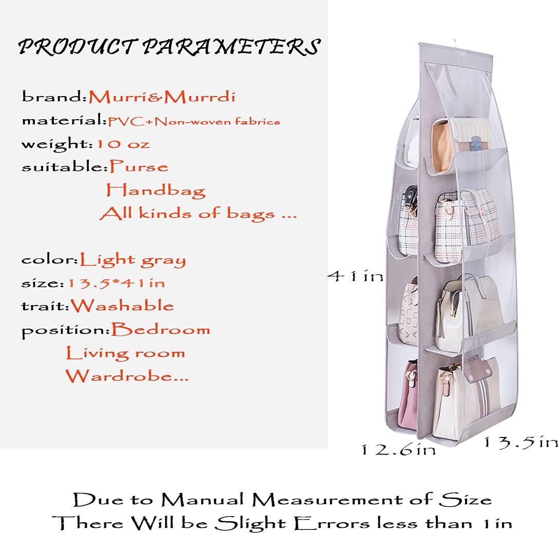 MURRI&MURRDI 1 Pack Hanging Handbag Organizer (Gray) for Closet, Purse Storage Holder with 8 Clear PVC Pockets