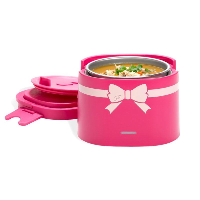 Paris Hilton Electric Lunch Warmer, 20-Ounce Stainless Steel Portable Food Container With Sealing Lid, Removable 2.5-Cup Inner Dish, Bow Front Decal, Hot Pink