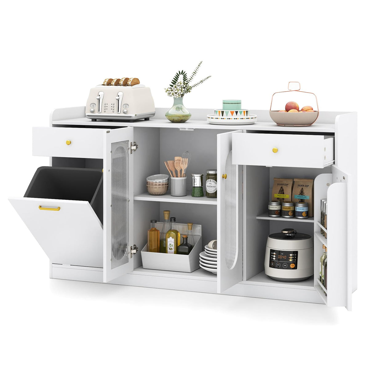 Giantex 55" Farmhouse Buffet Cabinet, Large Credenza w/Hidden Tilt Out Trash Can, 2 Glass Doors, 2 Drawers & Adjustable Shelves, Modern Sideboard Coffee Bar Cabinet for Kitchen, Dining Room (White)