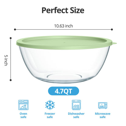 Quald Extra Large Glass Mixing Bowls Clear Glass Salad Cooking Bowls for Kitchen Salad Bread Storage (4.7Qt)
