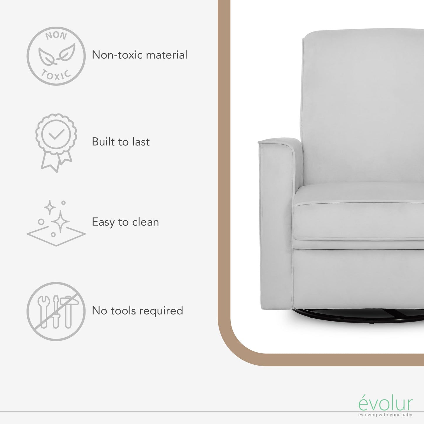 Evolur Raleigh Upholstered Manual Glider Recliner– Rocking & 360° Swivel with Smooth Glide – Greenguard Gold & FSC Certified – Modern Nursery and Living Room Chair in Grey