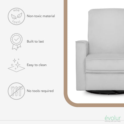 Evolur Raleigh Upholstered Manual Glider Recliner– Rocking & 360° Swivel with Smooth Glide – Greenguard Gold & FSC Certified – Modern Nursery and Living Room Chair in Grey