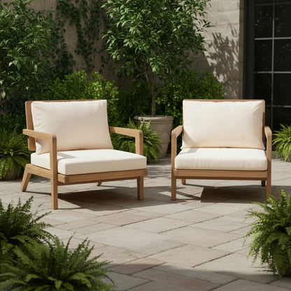 Christopher Knight Home Maeve Set of 2 Mid Century Modern Patio Furniture Acacia Wood Club Chairs, Outdoor Lounge Chairs, Relaxing Armchairs/Accent Chairs with Cushions for Patio, Light Teak+Beige
