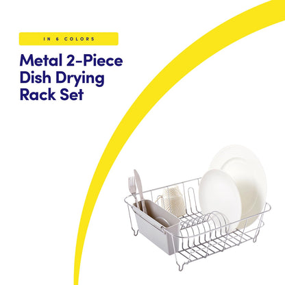 Dish Drying Rack & Cutlery Holder 2 Piece Set - Compact Sink-Fitting Dish Drainer with Rubberized Undercoating, Space-Saving Kitchen Organizer for Plates, Cups, Bowls & Utensils in Sink, Silver