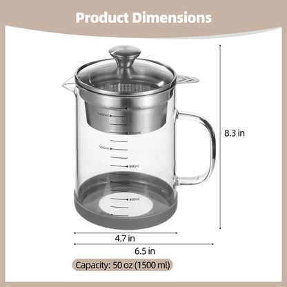 Greek Yogurt Strainer, 50 oz Nut Milk Strainer, Juice Food Strainer, Glass Teapot with Mesh Strainer, Iced Tea Pitcher, 1500 ml Heat & Cold Resistant High Borosilicate Glass Jug with Handle and Lid