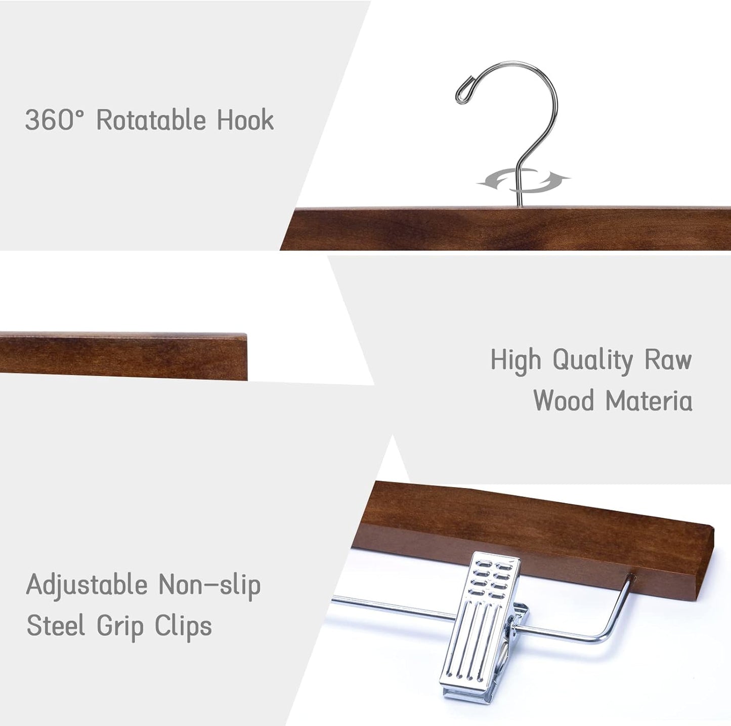 Nature Smile Wooden Trousers Hangers with Clips - 10 Retro Style Pants Holders