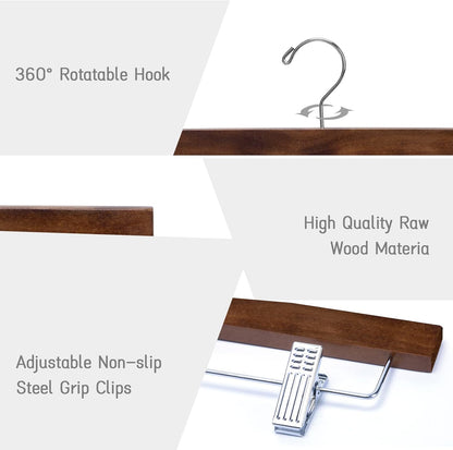 Nature Smile Wooden Trousers Hangers with Clips - 10 Retro Style Pants Holders