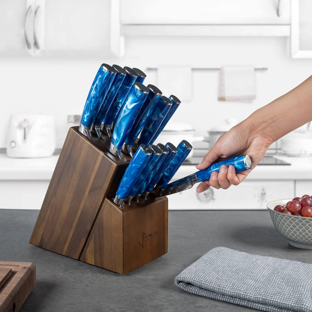 SENKEN 16-Piece Kitchen Knife Block Set - Japanese Chef's Knife Set with Laser Damascus Pattern, Includes 6 Steak Knives and Smoothly Finished Acacia Hardwood Knife Block (Blue Resin Handles)