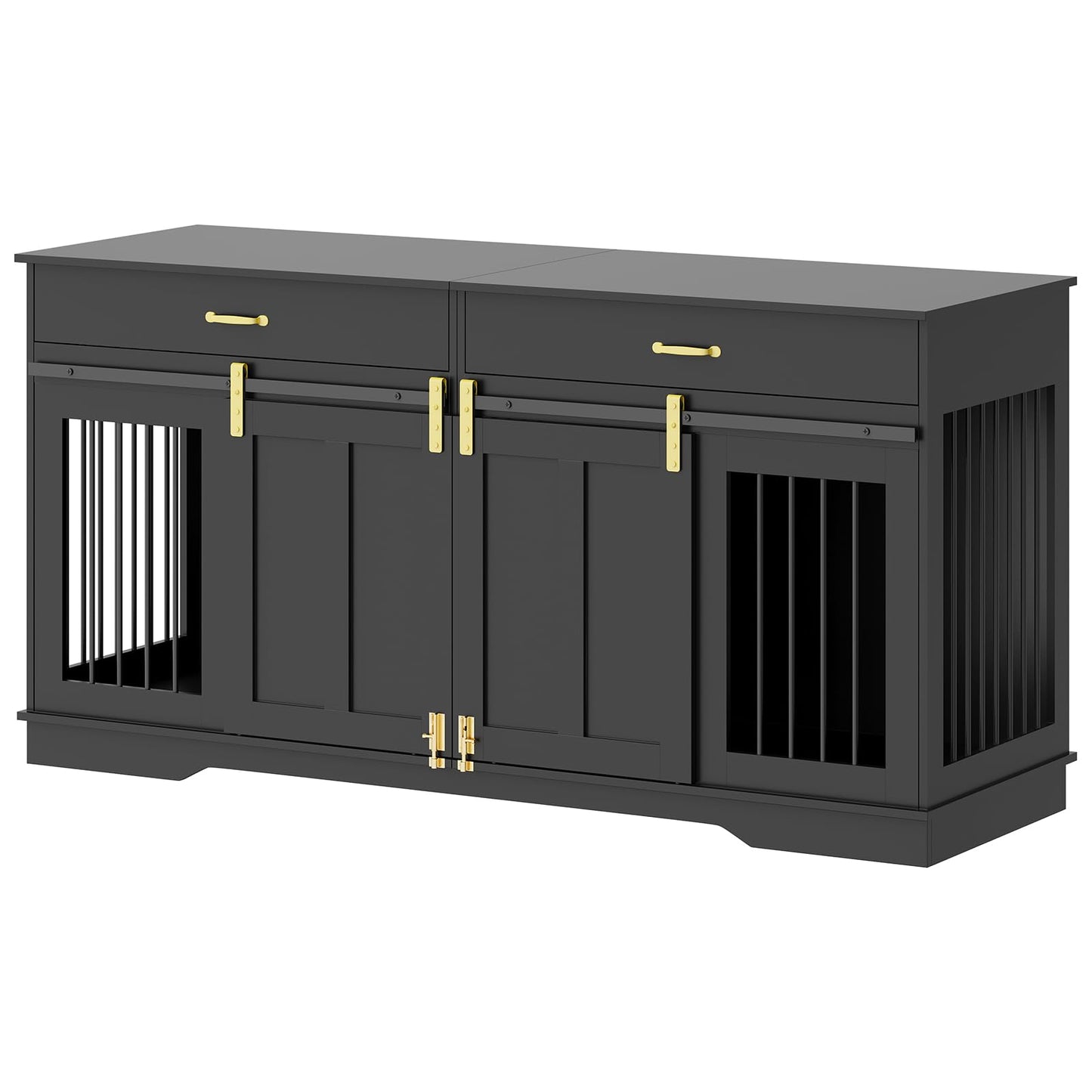 GarveeHome 71'' Double Wooden Dog Crate Furniture for 2 Dogs, with Removable Divider, Sliding Door & 2 Drawers, Decorative TV Stand for Living Room, Fits Small Medium Large Dogs