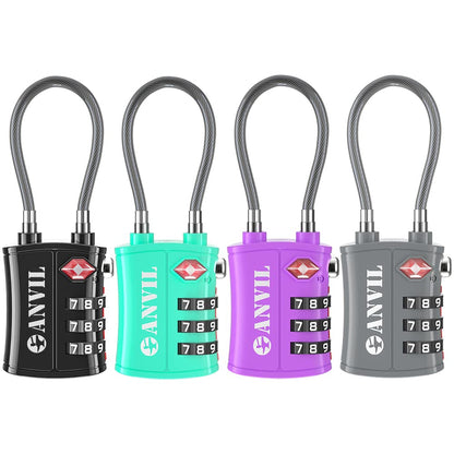 ANVIL TSA Locks for Luggage – TSA Approved Cable Travel Lock with Zinc Alloy Body, 3-Digit Combination Lock for Suitcases, Backpacks, Gun Cases, Zippers (4 Colours)