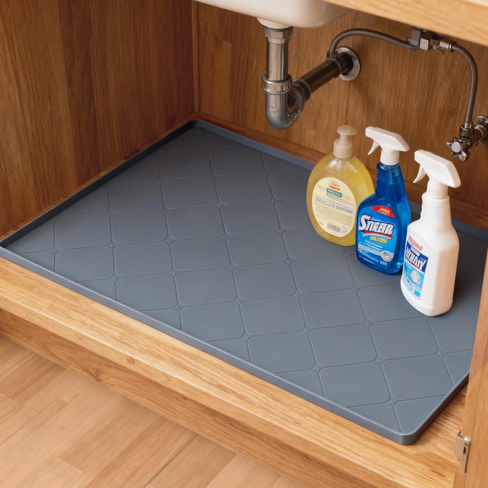 HDFAZHM Under Sink Mats for Kitchen : Waterproof 19" x 22" Under-Sink Organizers Sink Mat Protectors, Flexible Silicone Drip Tray Pet Food Mats Kitchen Bathroom Drawer Shelf and Cabinet Liner, Grey
