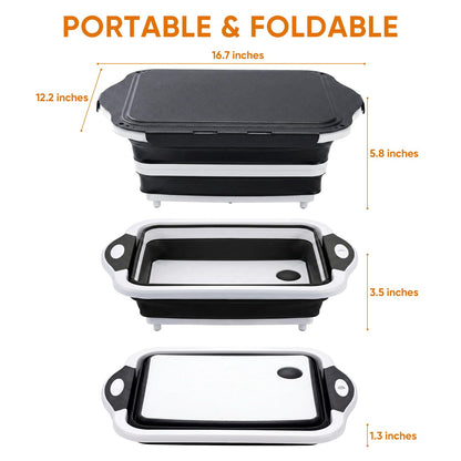 Collapsible BBQ Prep Tub with Lid, Foldable Camping Sink with Colander, Cutting Board, Dish Basin for Kitchen, Bowl, Vegetable and Fruit, Storage Basket for Picnic-Black