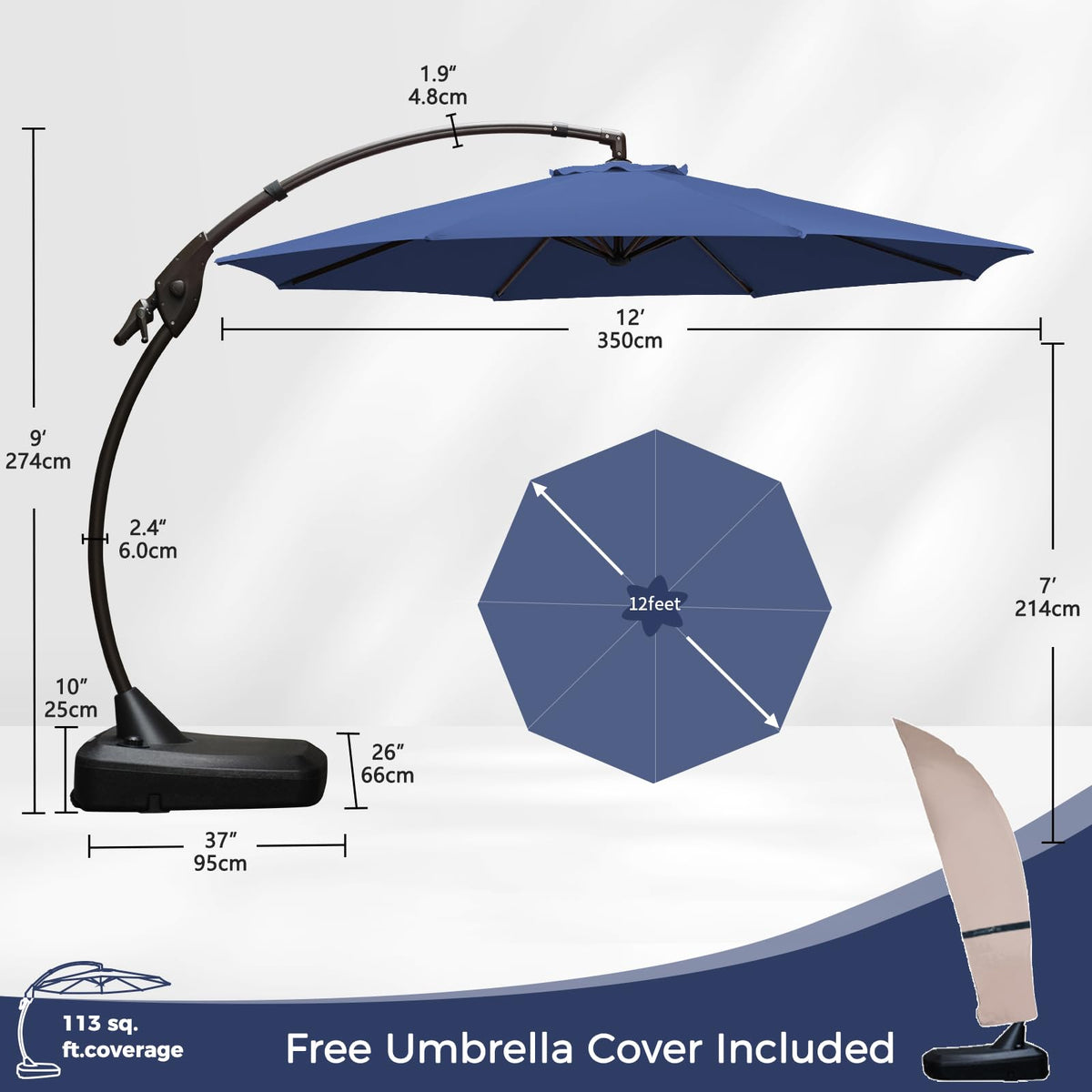 Grand patio 12 FT Patio Cantilever Umbrella Outdoor Large Round Aluminum Offset Umbrella Base Included for Deck Yard (Navy Blue, 12 FT)