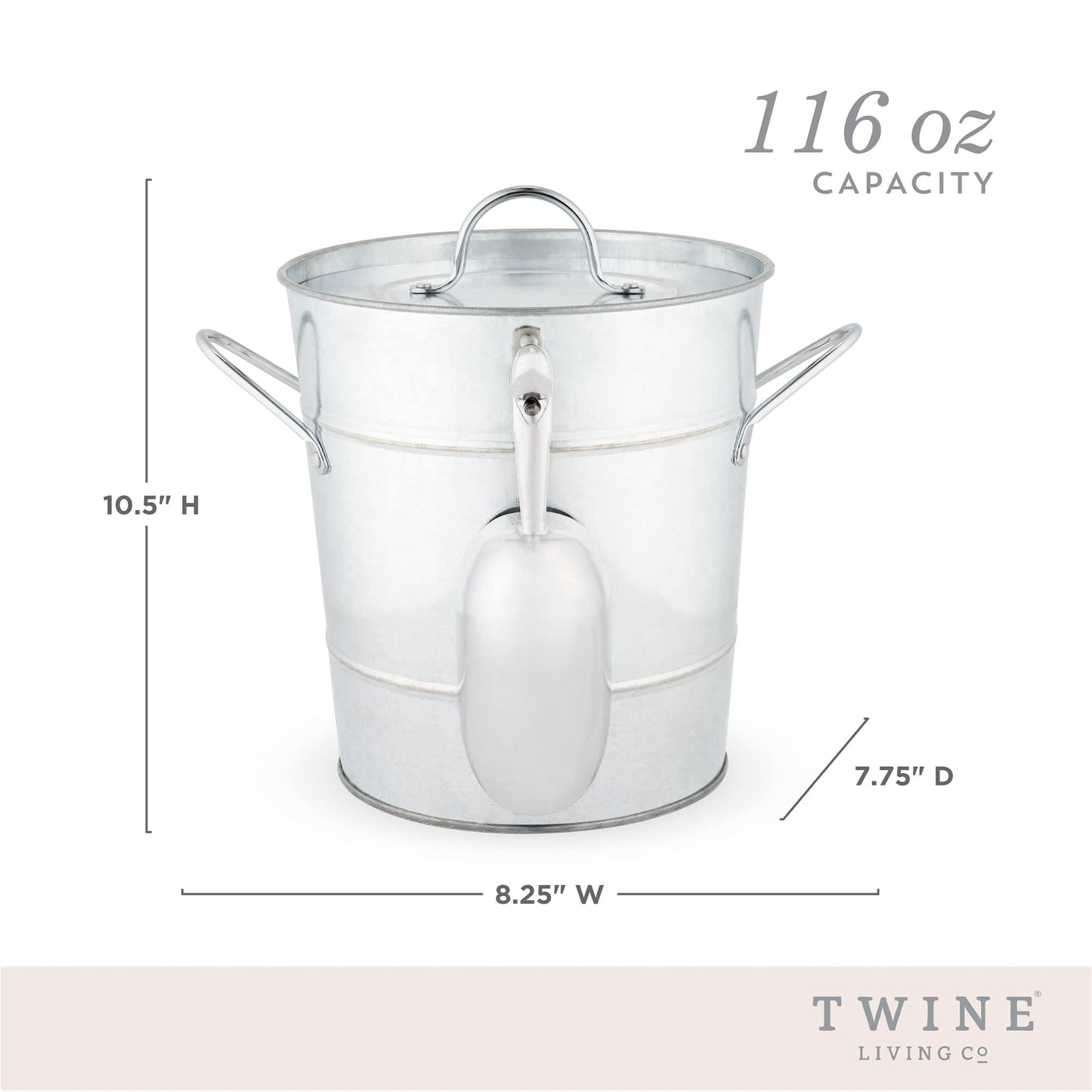 Twine Insulated Ice Bucket with Lid, Scoop & Handles for Beer, Wine, Champagne, Beverages, 1 Gal Galvanized Metal Bucket, Steel Ice Container for BBQs, Indoor & Outdoor Party Supplies, Bar Accessories