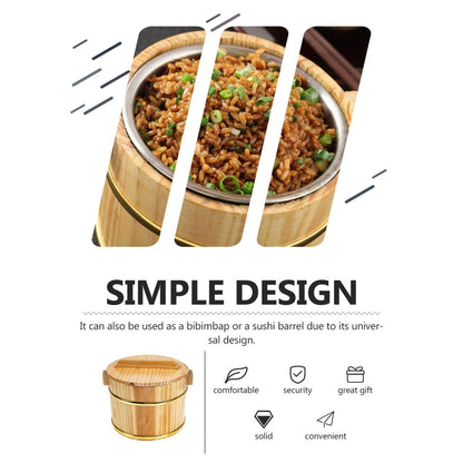 SHOWERORO Wooden Rice Bucket with Lid 6.3X4.7X4.3 Inch Japanese Style Sushi Rice Bowl and Bibimbap Mixing Tub Compact Wood Serving Dish for Home Kitchen