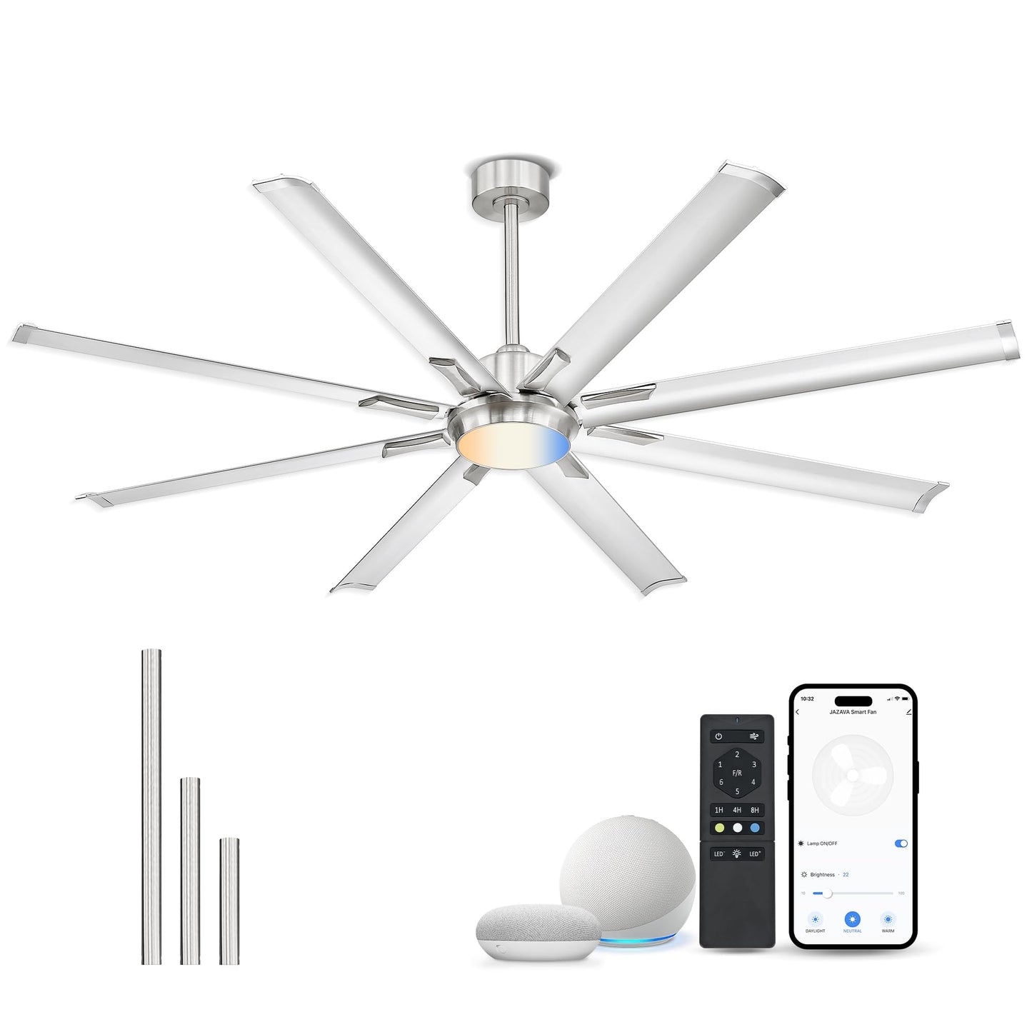 JAZAVA 72 Inch Bruehed Nickel Ceiling Fan With Light,Smart Fan Work With Alexa,Industrial Ceiling Fan With 8 Aluminium Metal Blades,Ideal for Courtyard,Patio and Living Room,CF04BN-72